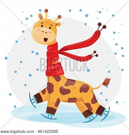 Cute Giraffe Ice Scatting In The Snow. Winter Illustration With The Giraffe Doing Winter Sport.