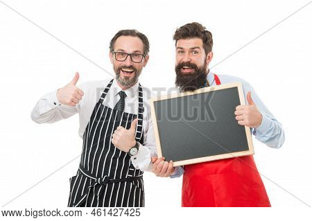 Catering Business. Welcome On Board. Bearded Men With Blackboard, Copy Space. Menu Planning. Happy C