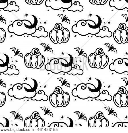 A Seamless Pattern Of Clouds And Pumpkins, Hand-drawn In Doodle Style. Happy Halloween. Clouds With 