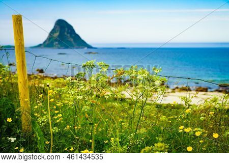 Seascape, Sea Coast With Sandy Beach And Island Bleiksoya In The Distance, Resort Bleik Andoya Norwa