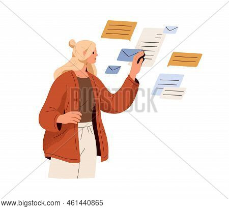 Employee Receiving E-mail Letters, Business Messages, Documents. Office Worker Woman Works With Offi
