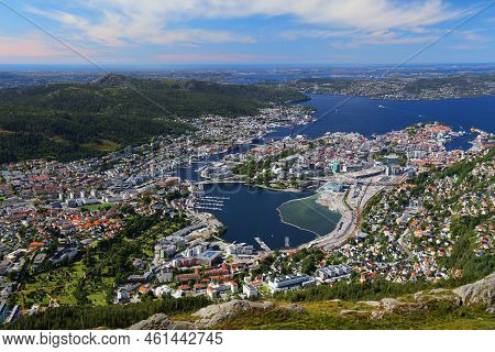 Bergen City, Norway. Summer Aerial View Of Downtown Bergenhus And Bryggen Districts.