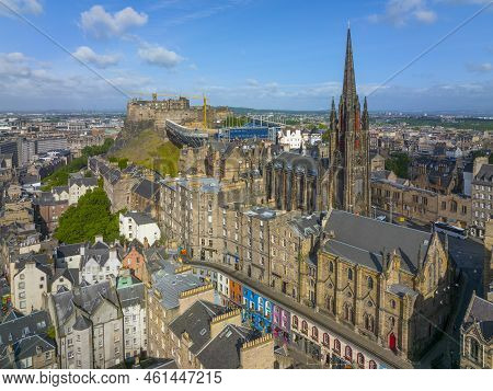 Old Town And Tolbooth Church On Royal Mile Aerial View In Edinburgh, Scotland, Uk. Old Town Edinburg