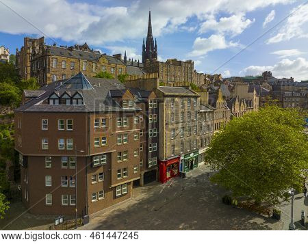 Old Town And Tolbooth Church On Royal Mile Aerial View In Edinburgh, Scotland, Uk. Old Town Edinburg