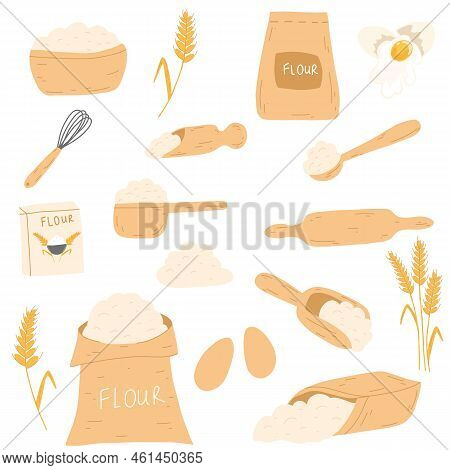 Baking Ingredients In Cartoon Flat Style. Bag With Flour, Eggs, Kitchen Whisk, Rolling Pin, Wheat Ea