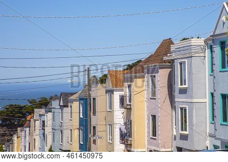 Facade Of Houses In San Francisco With Hilly Slope