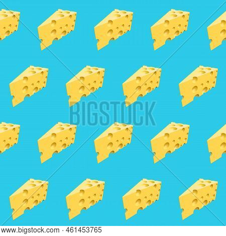 Seamless Pattern With Yellow Triangle Cheese Pieces On Blue Background 3d Rendered Texture. Textile 