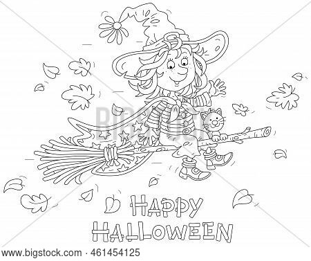 Happy Little Halloween Witch With A Big Hat And A Cloak With Stars Flying Among Falling Autumn Leave