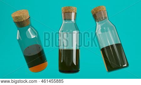 3d Render Of Realistic Transparent Glass Bottle, Littel Bottle With Cork Stopper