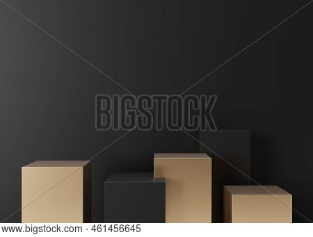 Golden And Black Podiums Set For Product, Cosmetic Presentation, On Black Background. Mock Up. Pedes