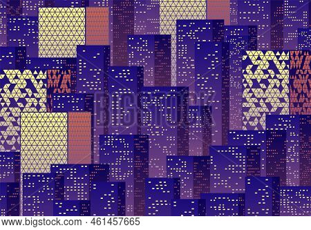 Neon Night In The Business City With Skyscrapers. Purple Highrise Cityscape Background In 80s Style 