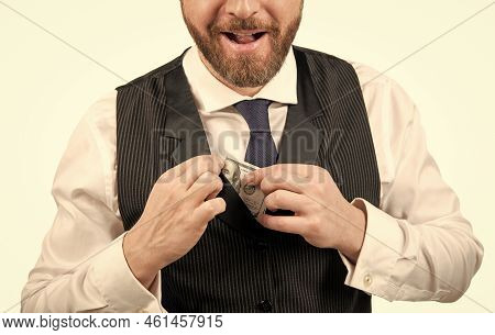 Man Hold Cash Isolated On White Background. Bribery And Corruption. Payday Concept.