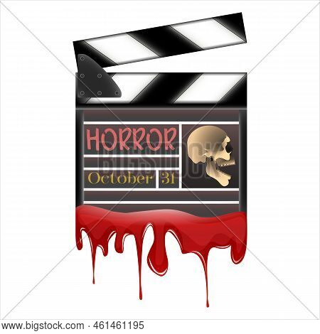 Clapperboard With Skull In Realistic Style. Helloween R-rated Horror Movie. Colorful Vector Illustra