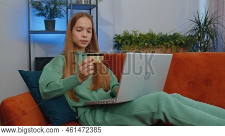 Portrait Of Caucasian Girl Using Credit Bank Card And Laptop Computer While Transferring Money, Purc