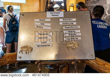 Wyoming, Usa - July 19, 2022: Board With All Ice Cream Flavors Avaialble At The Old Faithful Grill, 