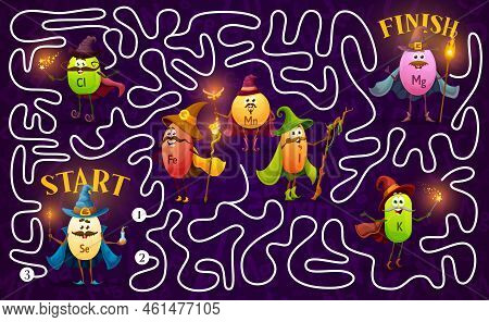 Labyrinth Maze Game, Help Micronutrients Wizard And Mage Characters, Vector Kids Puzzle Worksheet. L