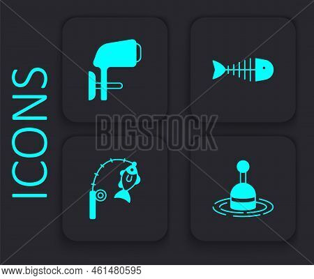 Set Fishing Float In Water, Outboard Boat Motor, Skeleton And Rod And Fish Icon. Black Square Button