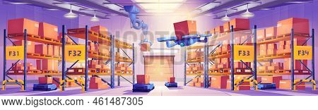 Robots In Warehouse Interior, Automated Machines, Drone And Cyborg Arm Work In Storehouse Loading Bo
