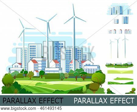 Wind Power Generator. Suburban Comfortable Village. Cartoon Flat Style. Isolate. Image From Layers F