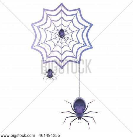 Spiders On The Web In Realistic Style. Helloween Creepy Decoration For Party. Colorful Vector Illust