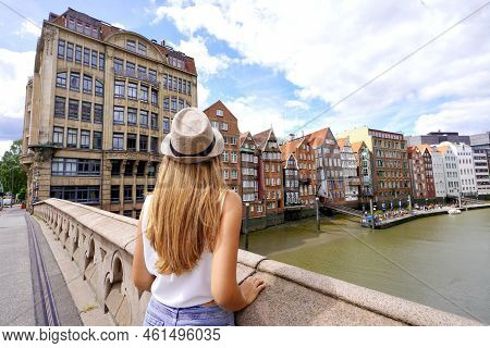 Tourism In Germany. Beautiful Blonde Girl Visiting The City Of Hamburg, Germany.