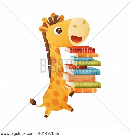 Cute Giraffe Animal Carrying Pile Of Books In Hard Cover For Reading Vector Illustration