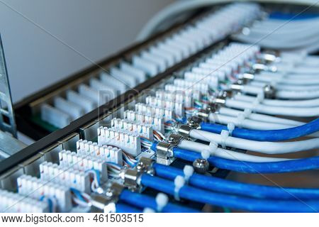 Network Installation. Network Cable On A Network Hub. Lan Cable Management.