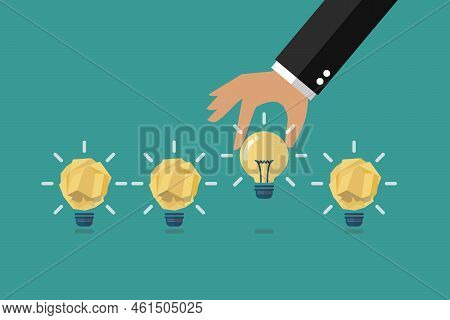 Hand Picking Up The Perfect Idea Among The Crumpled Paper Ideas. Business Concept. Vector Illustrati