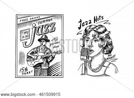 Woman Jazz Singer Sings Into A Microphone. Male Musician With A Guitar In A Hat On A Poster. Hand Dr