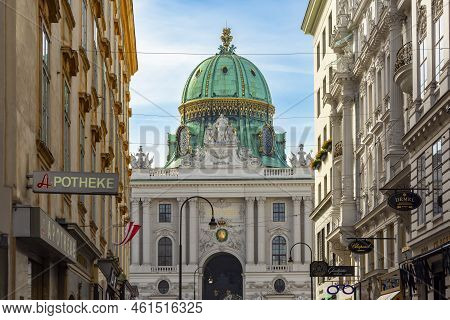Vienna, Austria - October 2021: Kohlmarkt Shopping Street With Hofburg Palace