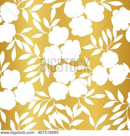 Seamless Abstract Silhouette Floral Pattern On Golden Background.
