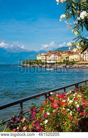 Beautiful Coast Of Lake Como In Summer With Flowers, Famous Tourism Destination