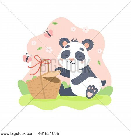 Pand With Picnic Basket. Spring Character Outdoors With Butterflies. Cute Seasonal Vector Illustrati