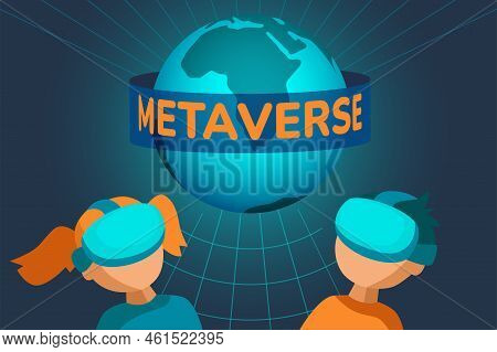 Children With Vr Glasses, Boy And Girl In Virtual Reality Headset Look On Meta Universe Globe, Metav