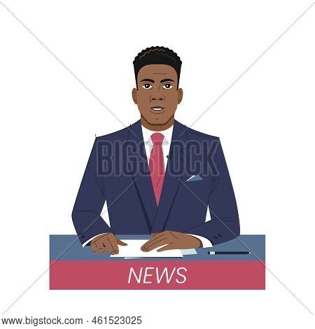 News Anchor. Cartoon Black Male Newsreader Character Is Isolated On A White Background. Vector Illus