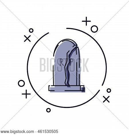 Gravestone With Skull In Line Art. Helloween Headstone On The Graveyard. Colorful Vector Illustratio