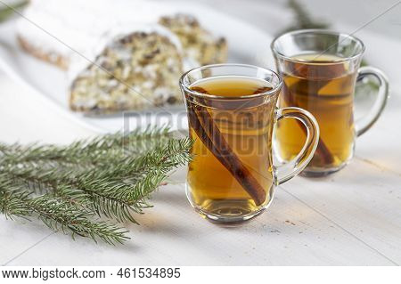 Mulled Wine. Christmas Mulled Wine. Glass Cup With Mulled Wine, Decorated With Cinnamon. Copy Space