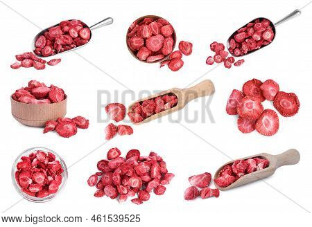 Set With Freeze Dried Strawberries On White Background