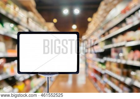 Mock Up Blank Price Board Poster Sign Display With Supermarket Aisle Abstract Background