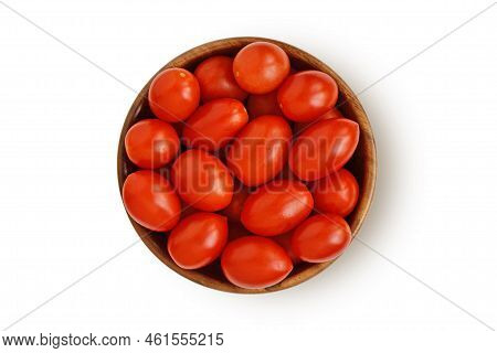 Datterini Tomatoes In Wooden Bowl On White Background