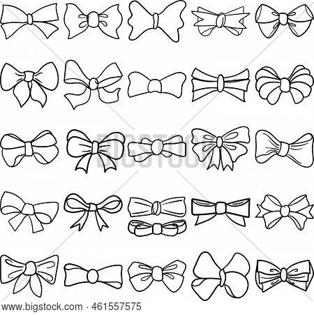Bows Hand Drawn Doodle Line Art Outline Set Containing Bow, Bows, Bow Tie, Double Bow, Ribbon