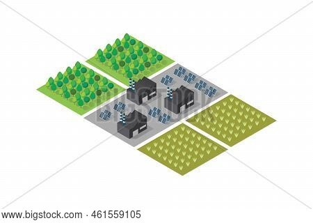 Factory Industrial Zone Near The Farm And Field Zone. Vector Illustration