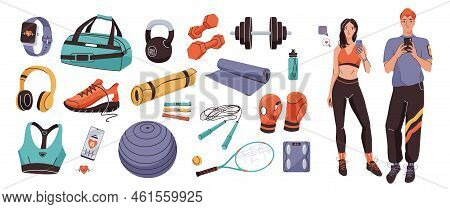 Sport Equipment, Gym Accessory Collection, Athletic Man, Woman Taking A Seifie. Dumbbell, Fitness Ba