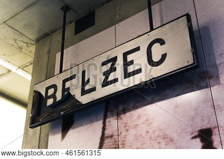 08.27.2022 - Belzec, Poland - Belzec Nazi Death Camp. Worn Metal Plate With Name Of Nazi Death Camp 
