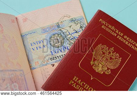 The Real Page Of The Passport With The Visa Of Egypt And The Passport Of The Russian Federation. San