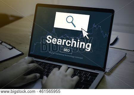 Searching Seo Homepage Navigation Information, Search Engine Optimization Concept With Laptop Comput