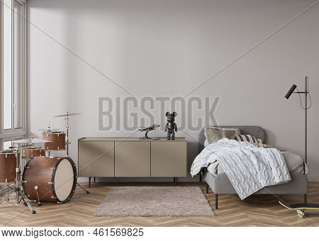Empty Wall In Modern Child Or Teenie Room. Mock Up Interior In Contemporary Style. Copy Space For Yo