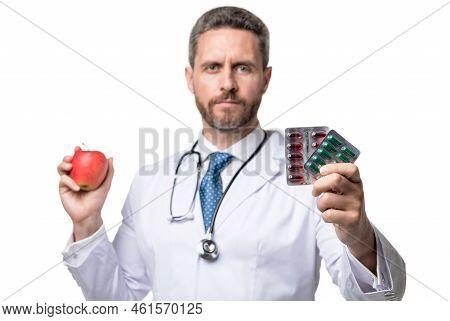 Nutritionist With Fructose. Man Recommend Fructose Isolated On White. Concept Of Fructose.