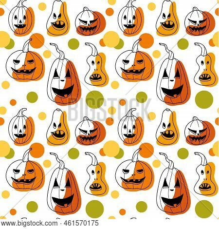 Seamless Pattern Contur And Spot Drawings, Halloween Pumkin