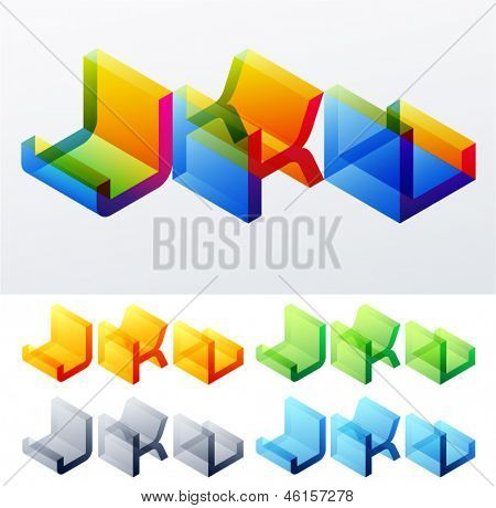 Illustrazione vettoriale di testo colorato in vista assonometrica. Caratteri monospazio in stile cubo. J K L